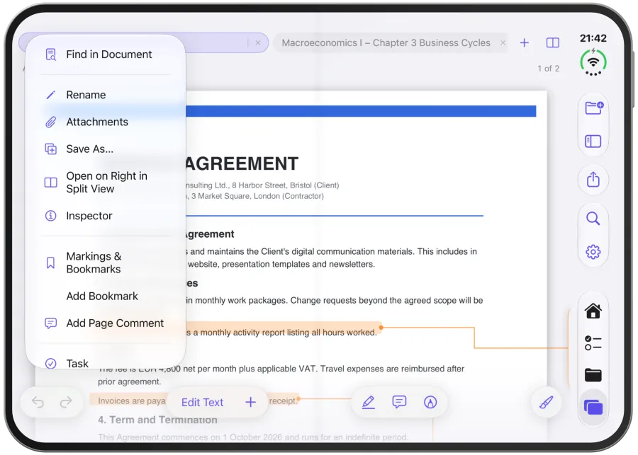 The document menu of a PDF with find, rename, inspector, markings and zoom levels.
