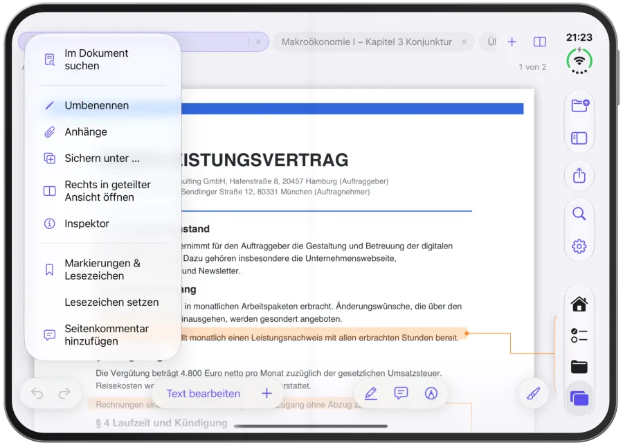 Das Dokumentmenü eines PDFs mit Suche, Umbenennen, Inspektor, Markierungen und Zoomstufen.
