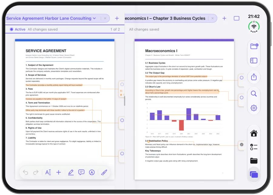 Split View with a contract in the left column and lecture notes in the right column.