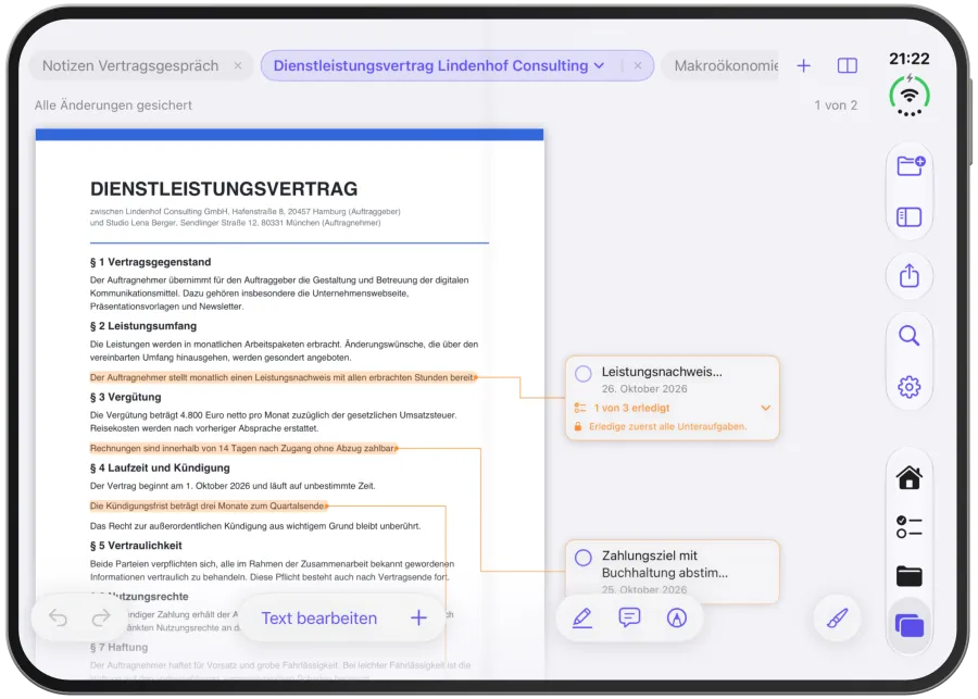 Der Arbeitsbereich mit mehreren Tabs, einem geöffneten PDF und den Werkzeugkapseln am unteren Rand.