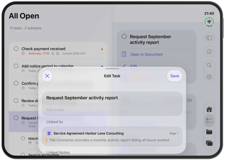 The “Edit Task” editor with title, linked spot, organisation and due date.