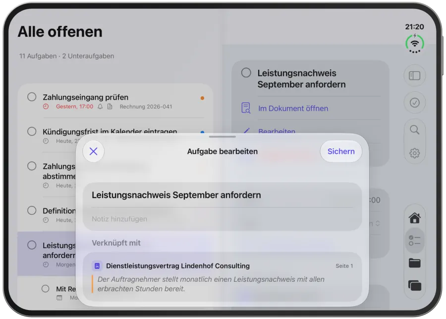 Der Editor „Aufgabe bearbeiten“ mit Titel, verknüpfter Stelle, Einordnung und Termin.