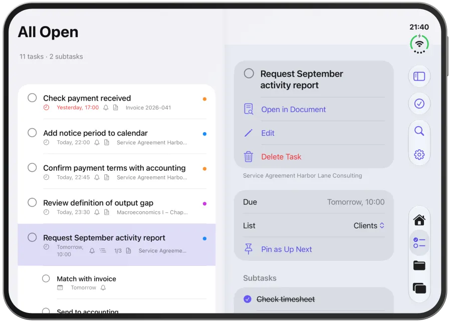 The details of a task with due date, list and three subtasks.