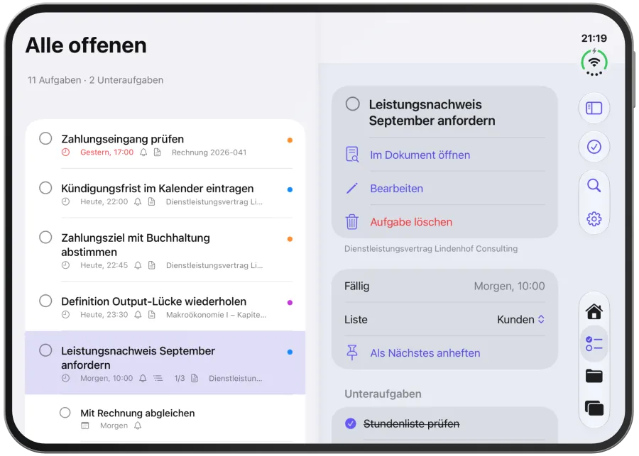 Das Detail einer Aufgabe mit Termin, Liste und drei Unteraufgaben.