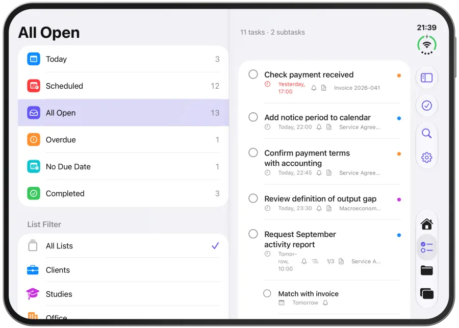 The tasks area with the filter column, the task list and the “All Open” filter.