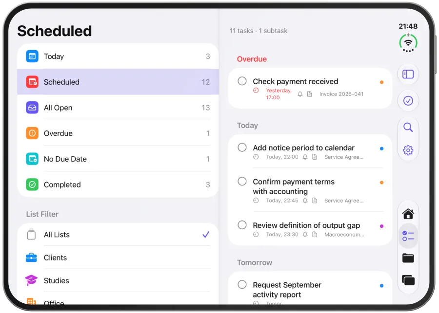 “Scheduled” with the red “Overdue” section and one section per day.