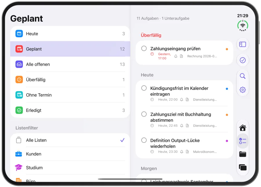 „Geplant“ mit dem roten Abschnitt „Überfällig“ und einem Abschnitt je Tag.