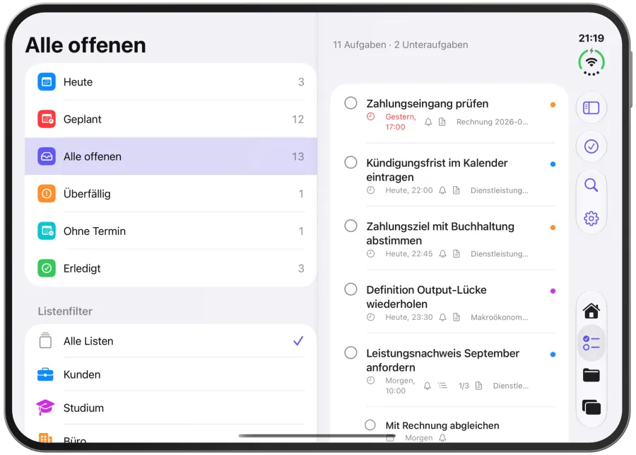 Der Aufgabenbereich mit Filterspalte, Aufgabenliste und dem Filter „Alle offenen“.