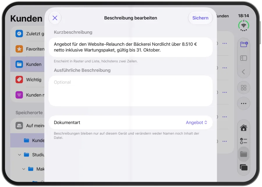 The “Edit Description” editor with short description, detailed description and document type.