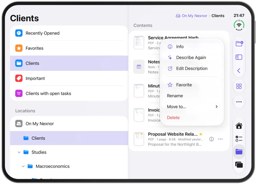A file’s … menu with info, description, favourite, move and delete.
