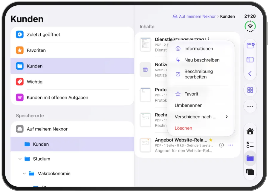 Das …-Menü einer Datei mit Informationen, Beschreibung, Favorit, Verschieben und Löschen.