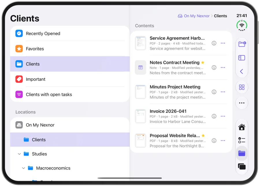 Files on iPad: the sidebar with folder tree and tags on the left, the contents of a folder on the right.