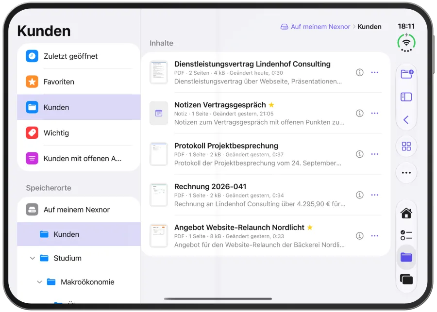 The ＋ menu with new folder, text document, note and import.