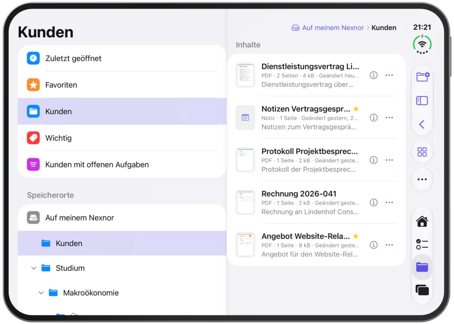Der Bereich „Dateien“ auf dem iPad: links die Seitenleiste mit Ordnerbaum und Tags, rechts der Inhalt eines Ordners.