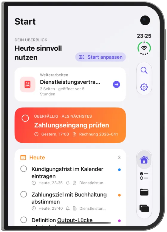 „Start“ auf dem zugeklappten iPhone Duo in einer Spalte.