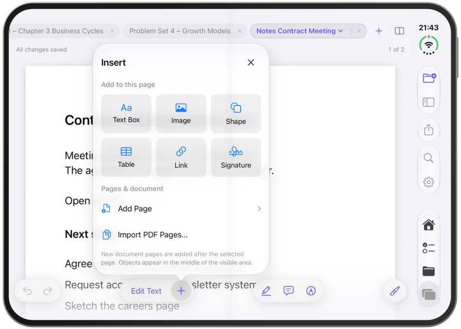 The “Insert” menu with text box, image, shape, table, link, signature and the page actions.
