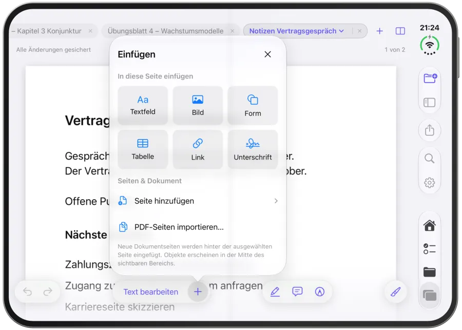 Das Menü „Einfügen“ mit Textfeld, Bild, Form, Tabelle, Link, Unterschrift und den Seiten-Aktionen.