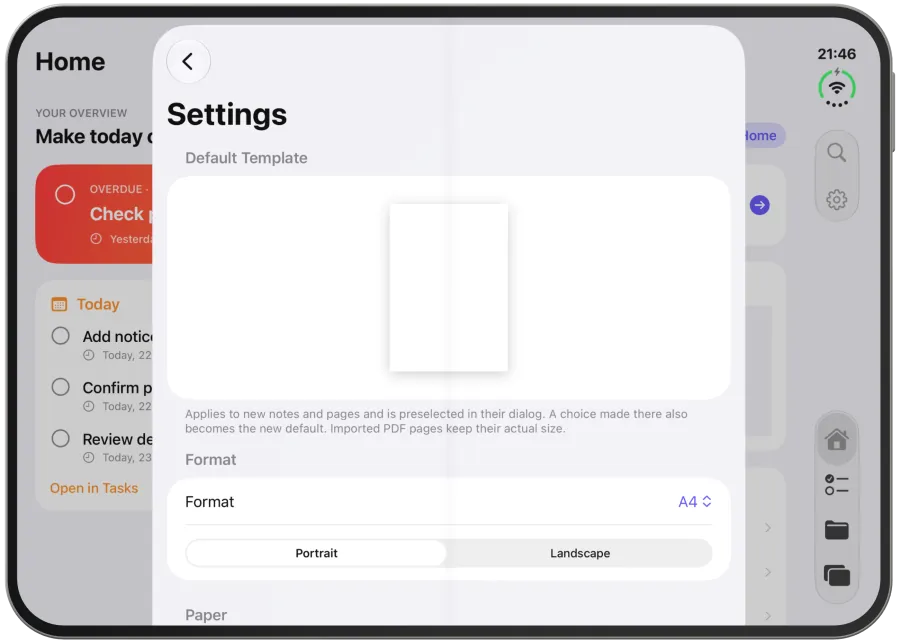 Settings with a preview of the default template, Format, Orientation, Paper and Templates.