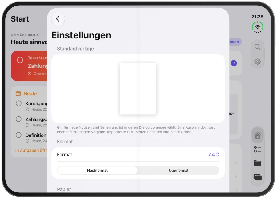 Die Einstellungen mit Vorschau der Standardvorlage, Format, Ausrichtung, Papier und Vorlagen.