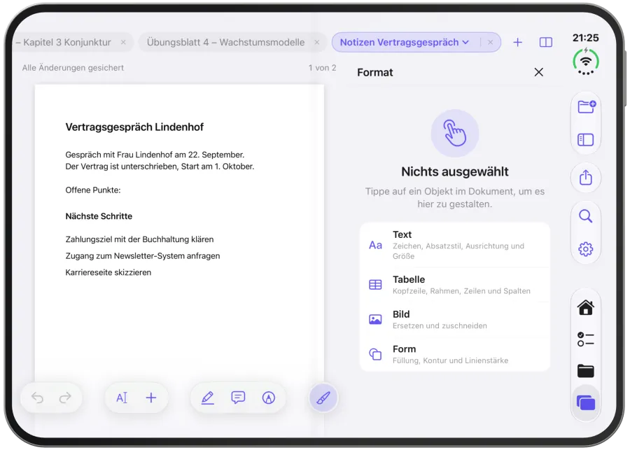 Das Format-Panel ohne Auswahl mit der Übersicht der gestaltbaren Objekte.