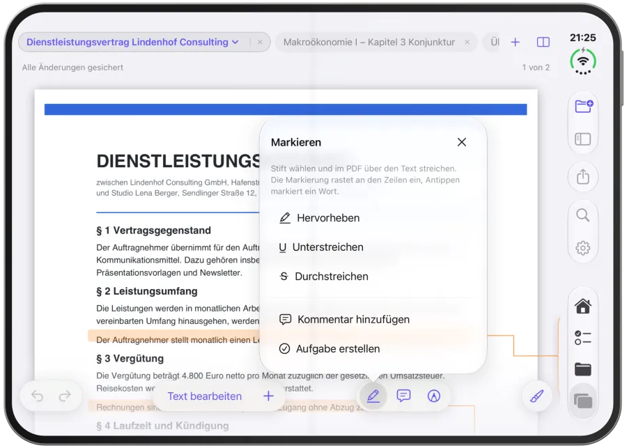 Das Menü „Markieren“ mit den Stiften Hervorheben, Unterstreichen und Durchstreichen.