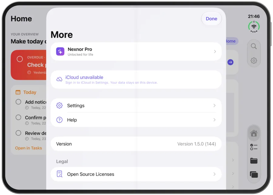 The iCloud sync row in “More” with Nexnor Pro.