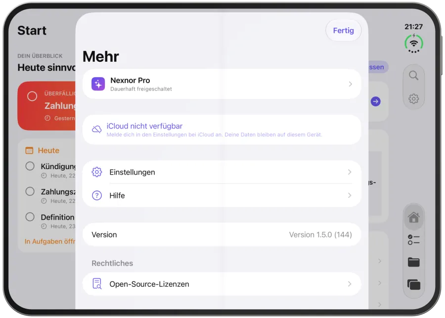 Die Zeile für den iCloud-Sync in „Mehr“ mit Nexnor Pro.