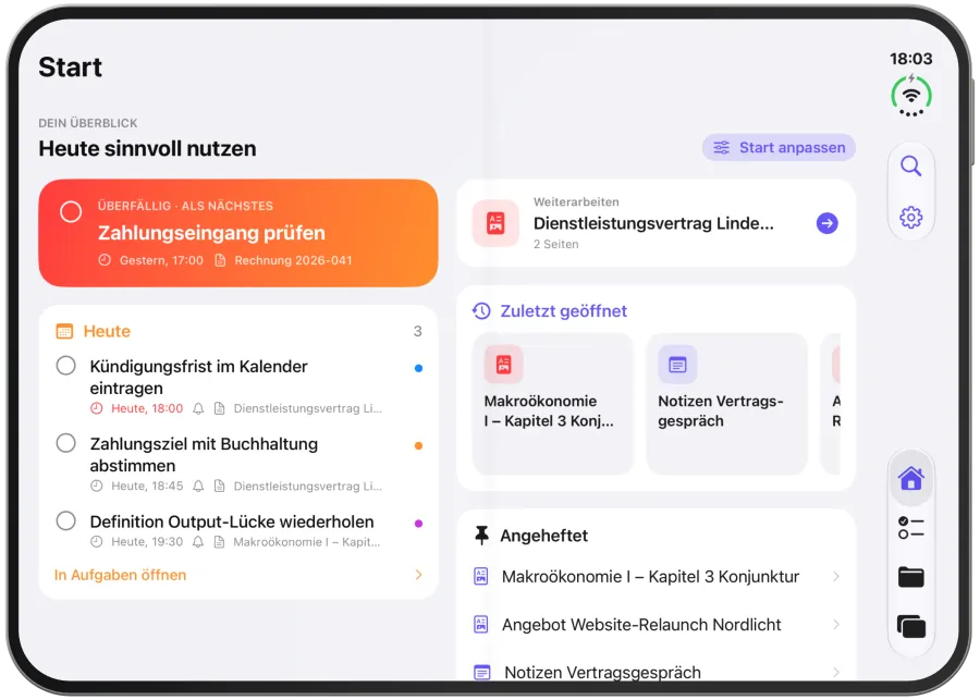 The “Up Next” card menu with “Open in Document”, “Show in Tasks” and “Pin as Up Next”.