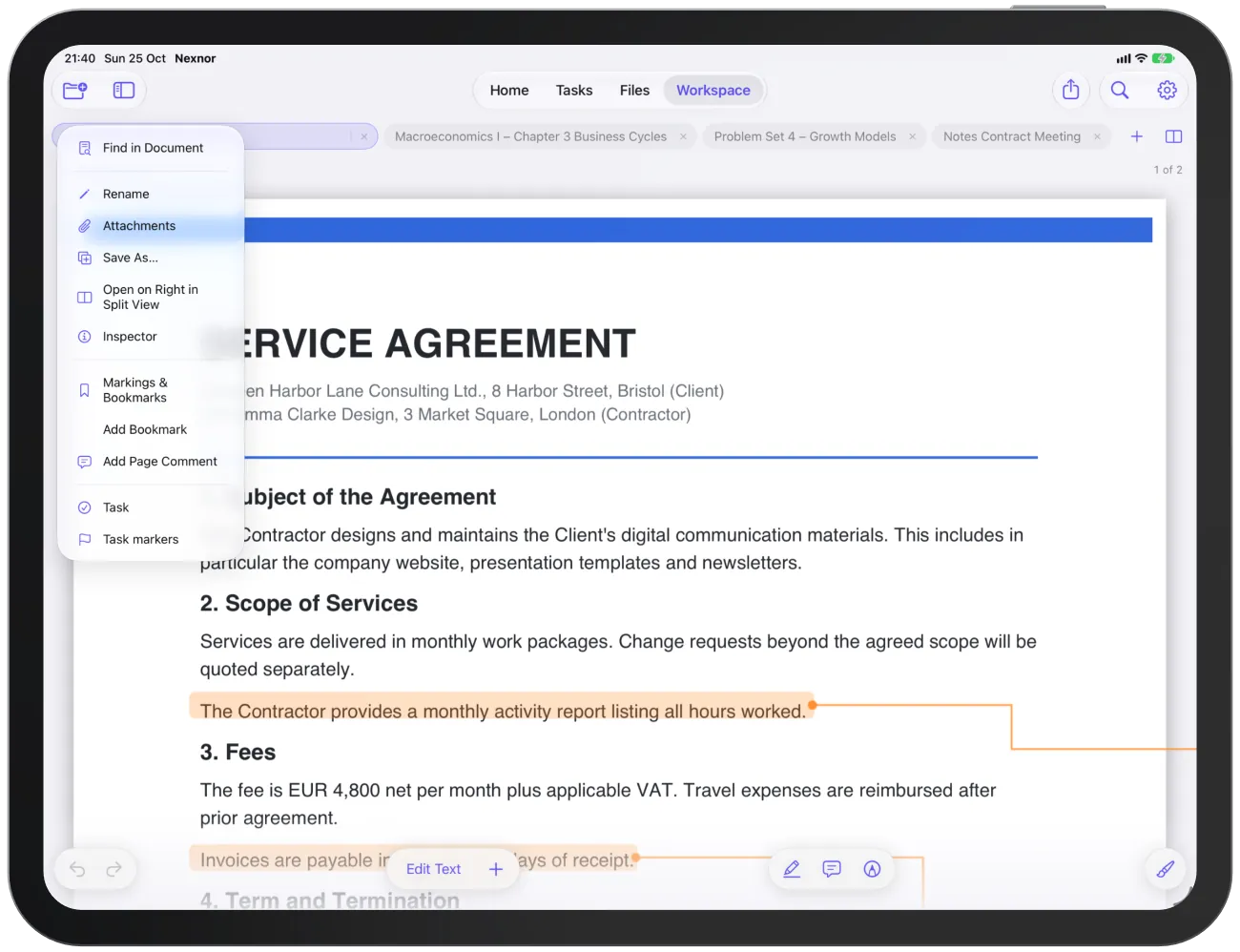 The document menu of a PDF with find, rename, inspector, markings and zoom levels.