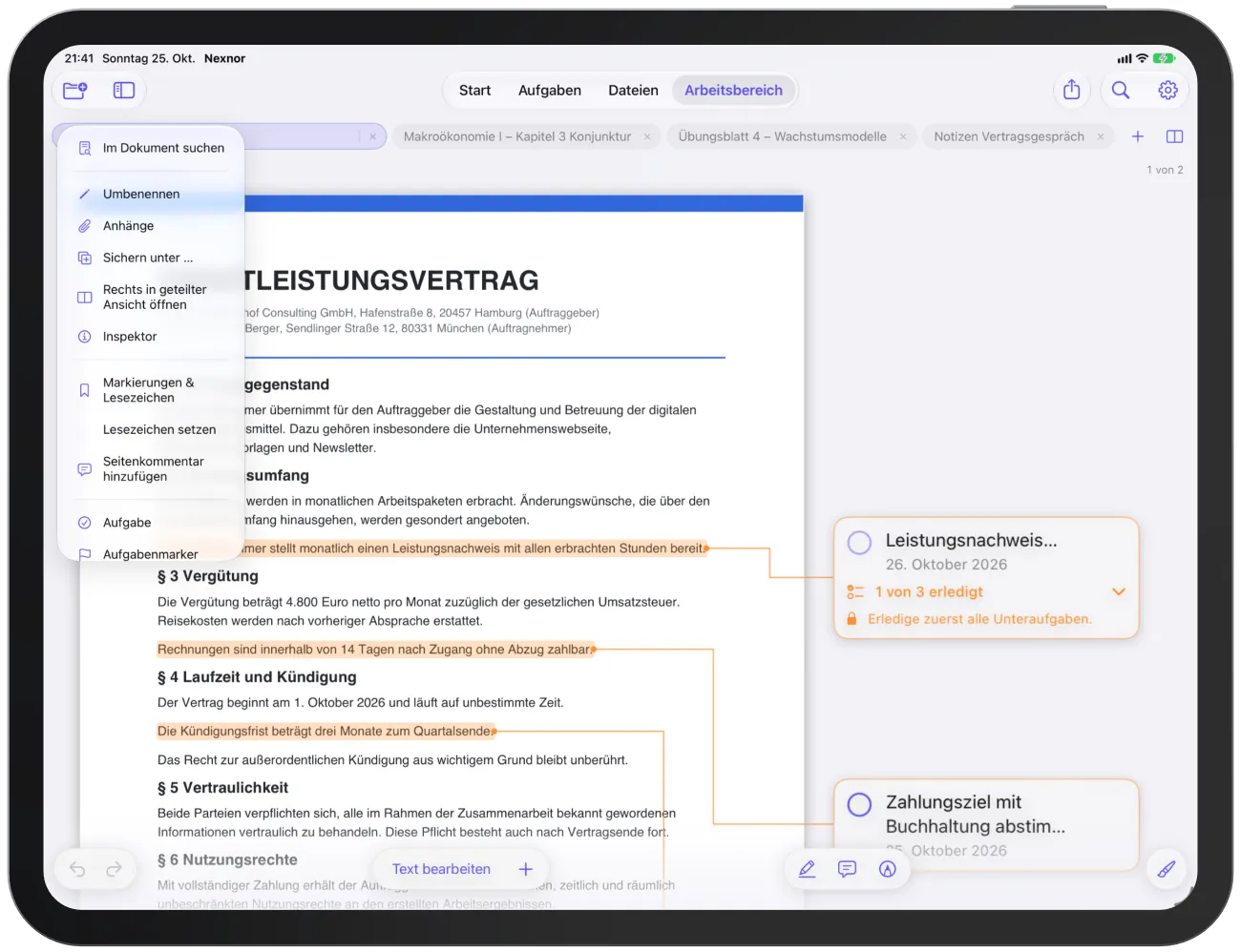 Das Dokumentmenü eines PDFs mit Suche, Umbenennen, Inspektor, Markierungen und Zoomstufen.