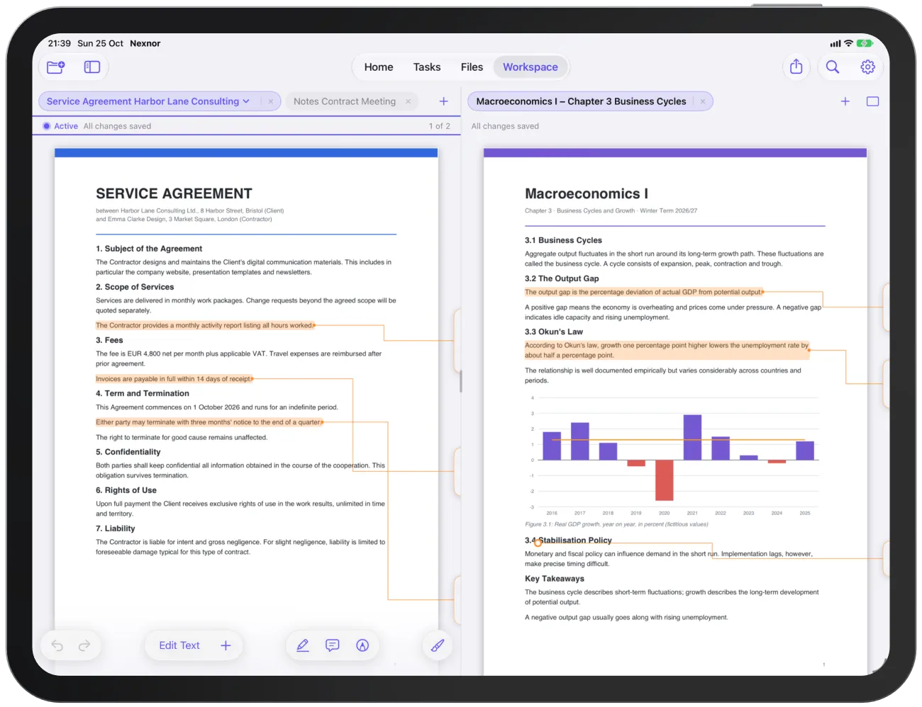 Split View in the Workspace with two documents side by side.