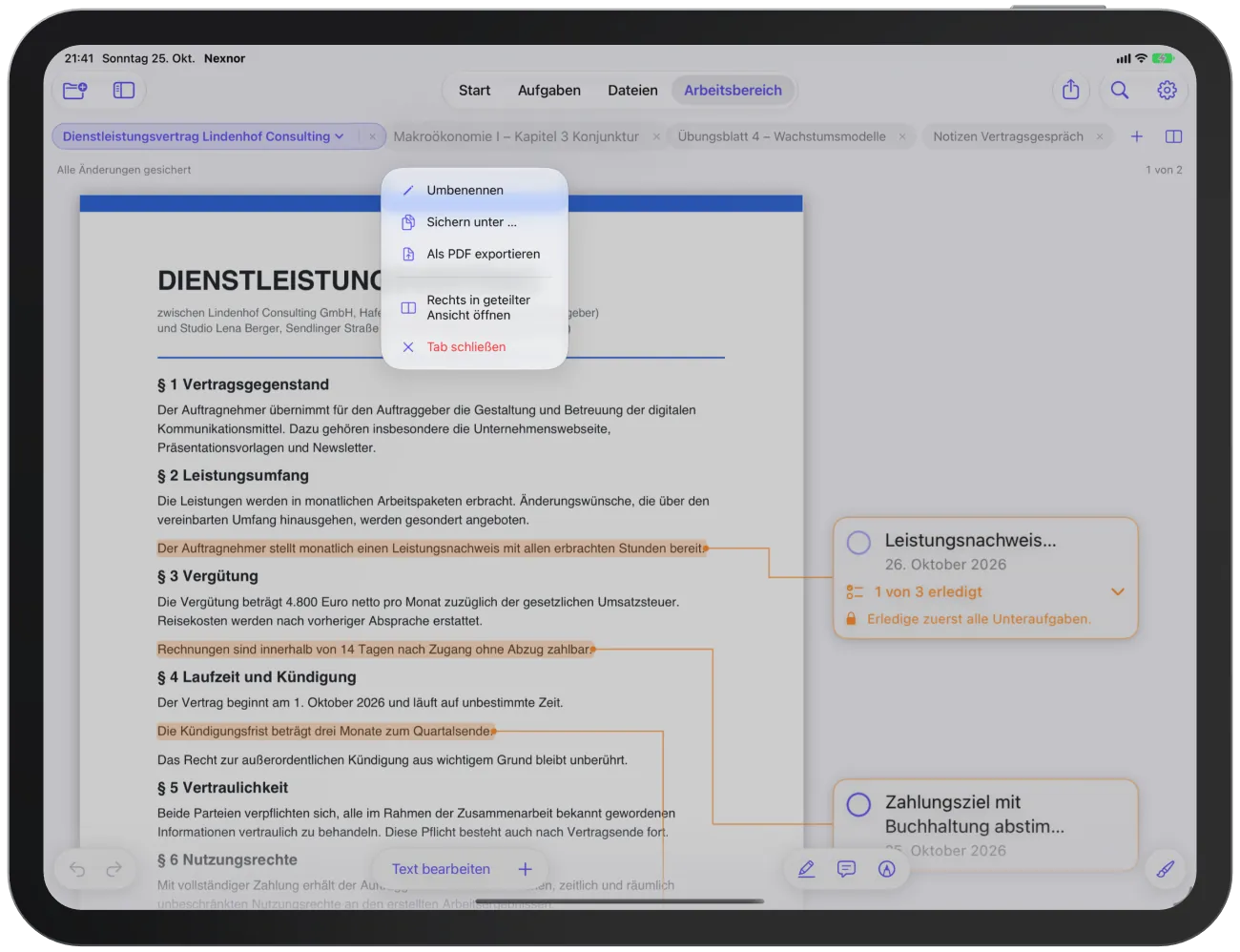 Das Tab-Menü nach langem Drücken auf einen Tab, mit Umbenennen, Sichern unter, Export und Tab schließen.