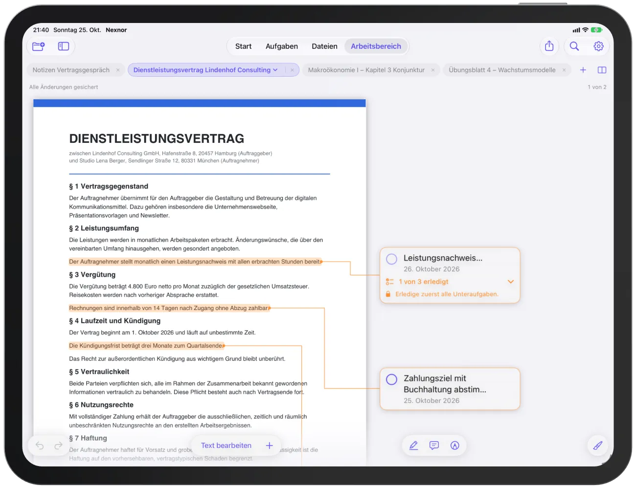 Der Arbeitsbereich mit mehreren Tabs, einem geöffneten PDF und den Werkzeugkapseln am unteren Rand.