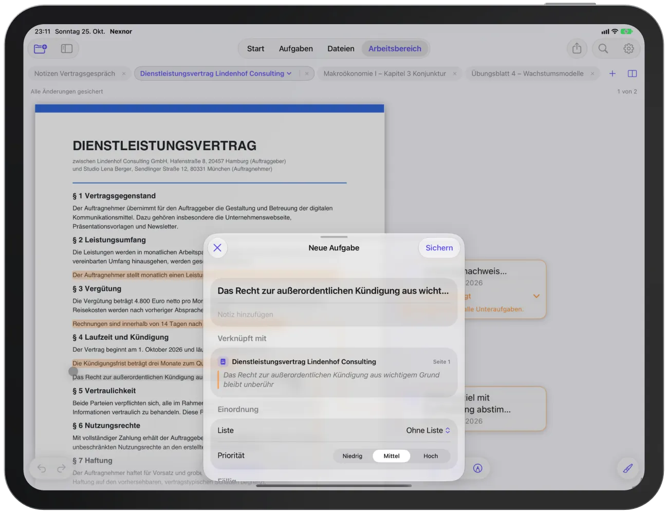 Der Editor „Neue Aufgabe“ mit dem markierten Text als Titel.