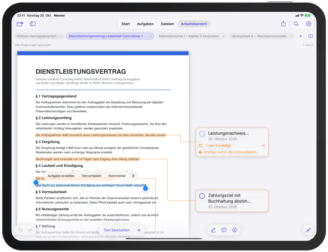 Markierter Text im PDF mit dem Menüeintrag „Aufgabe erstellen“.