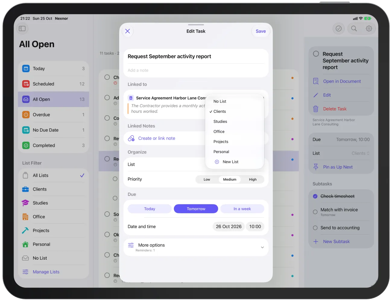 The “Organize” section with the “List” picker and the levels “Low”, “Medium” and “High”.