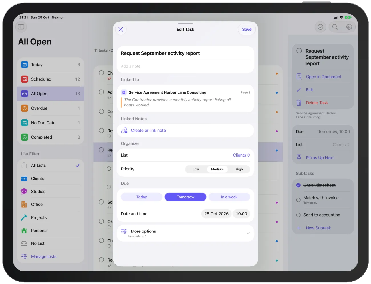 The “Edit Task” editor with title, linked spot, organisation and due date.