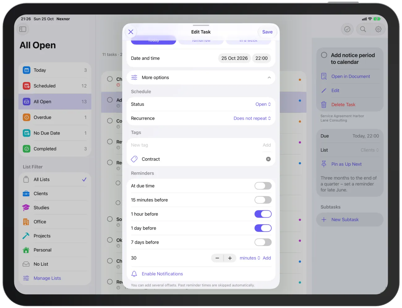 The “Reminders” section with fixed offsets, an offset of your own and “Enable Notifications”.