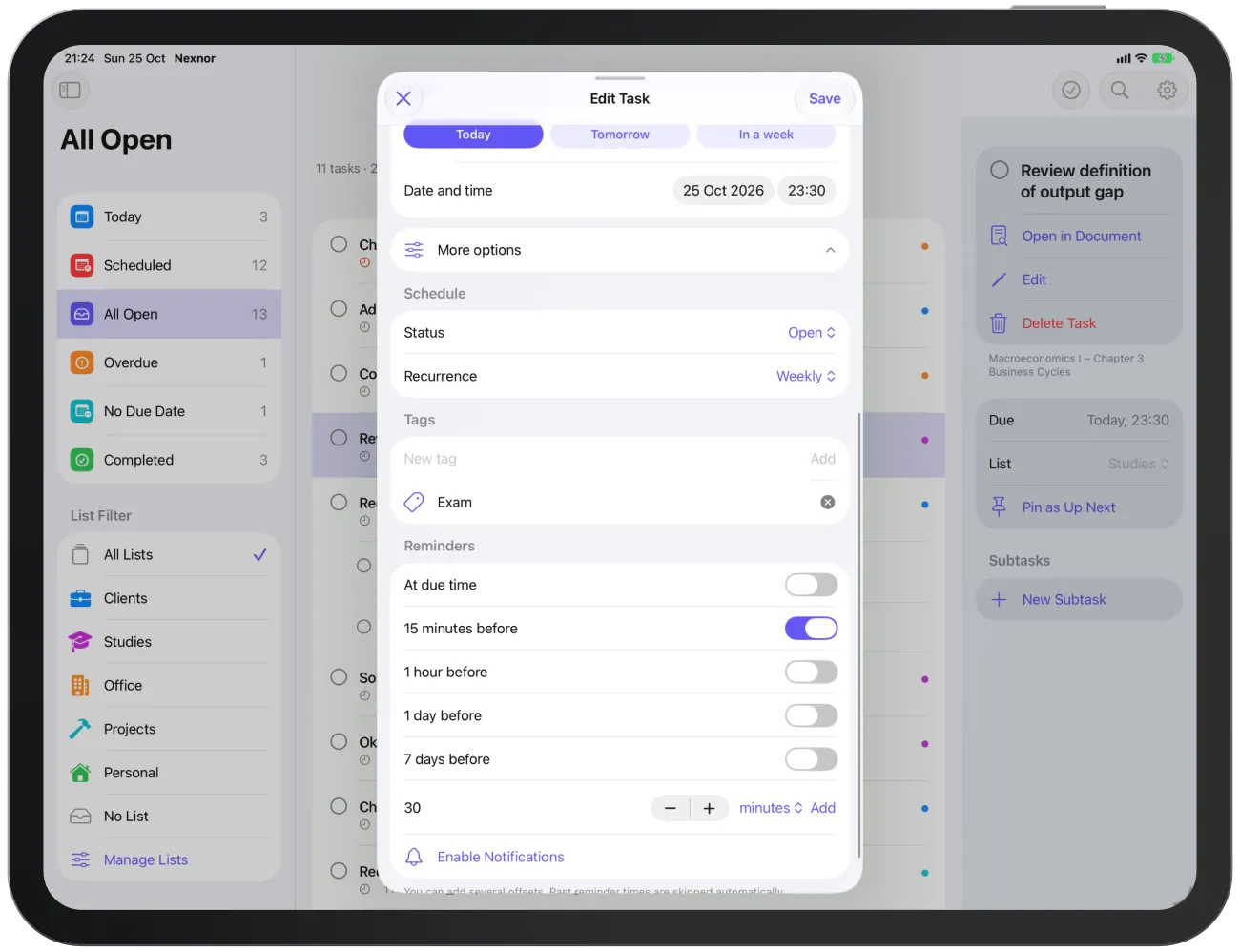 Expanded “More options” with status, recurrence, one tag and the reminders.