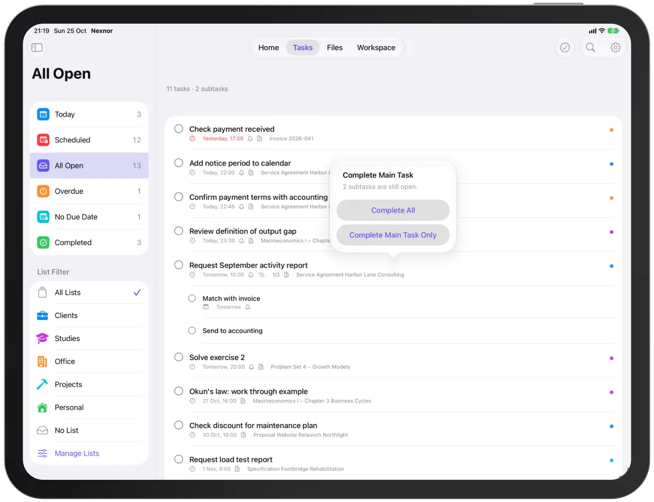 The “Complete Main Task” prompt when subtasks are still open.