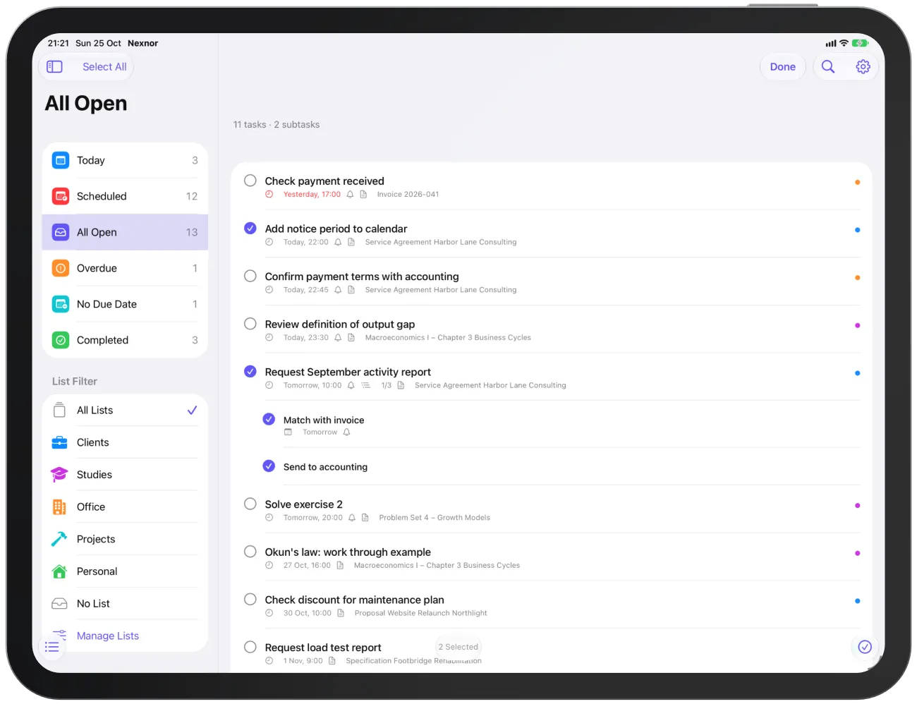 Selection mode with two tasks selected; at the bottom “Move to List”, the count and “Complete”.