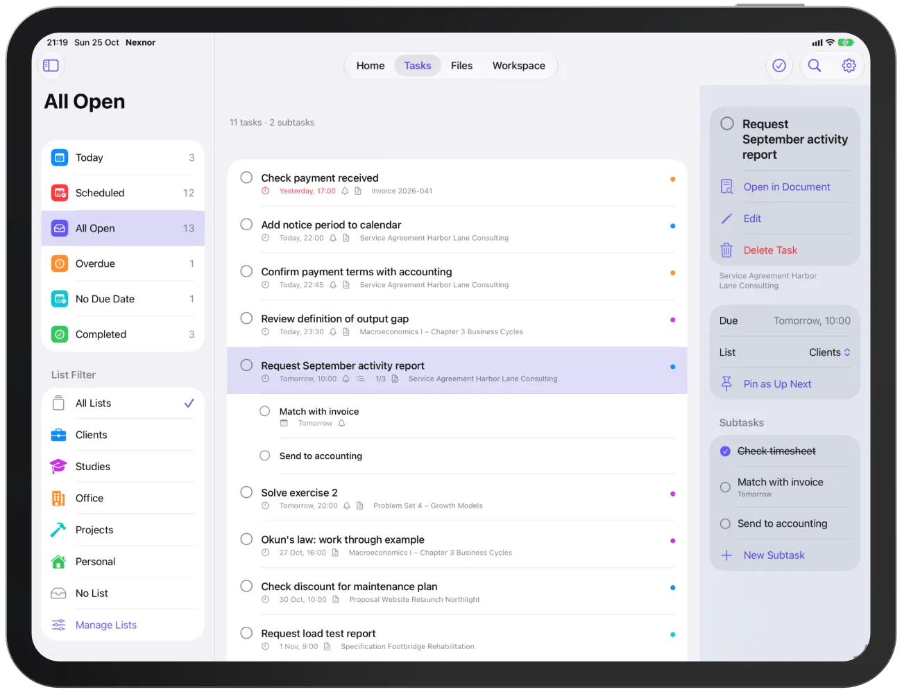The details of a task with due date, list and three subtasks.