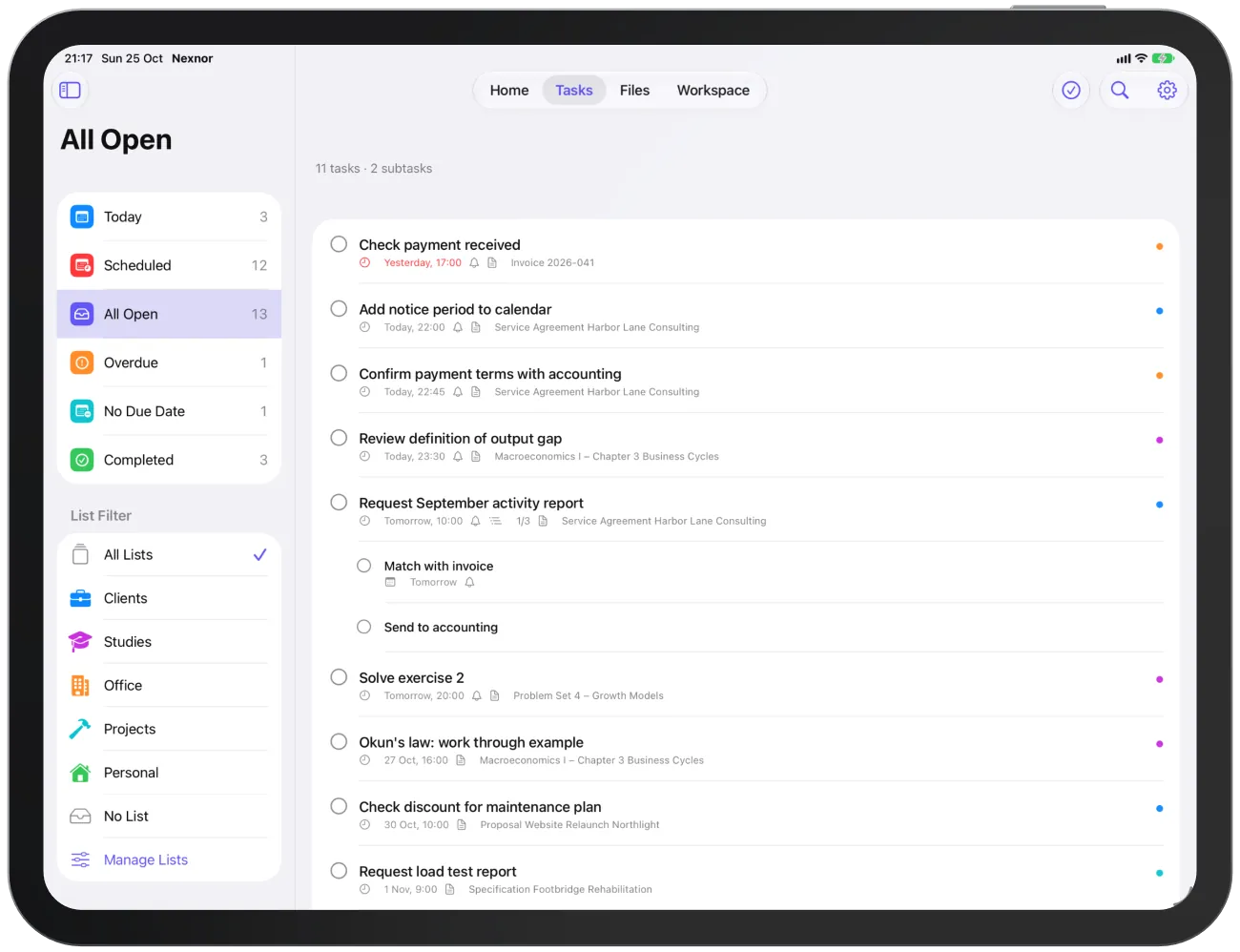 The tasks area with the filter column, the task list and the “All Open” filter.