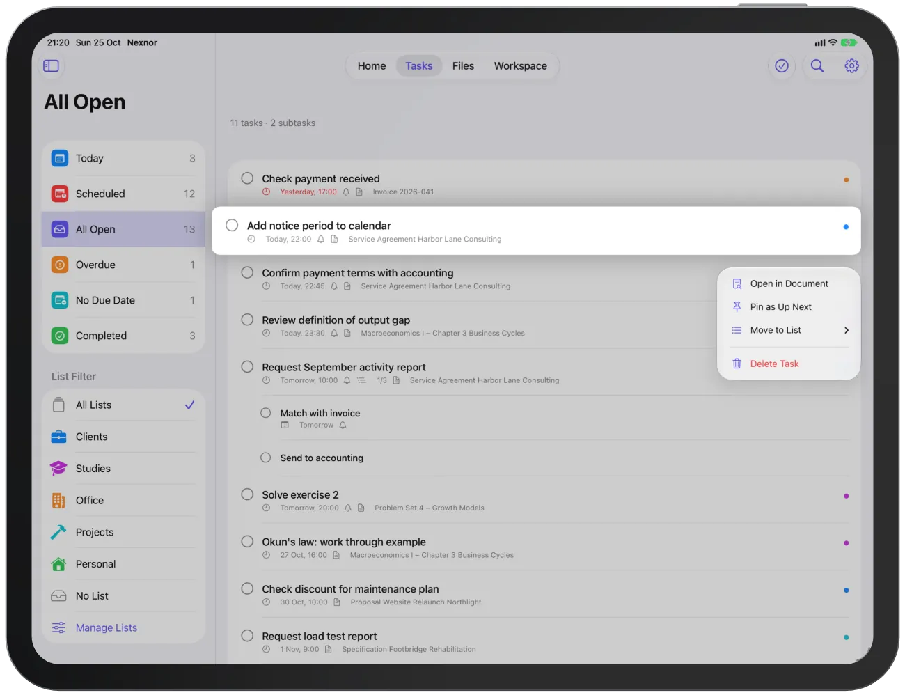The context menu with “Open in Document”, “Pin as Up Next” and “Move to List”.