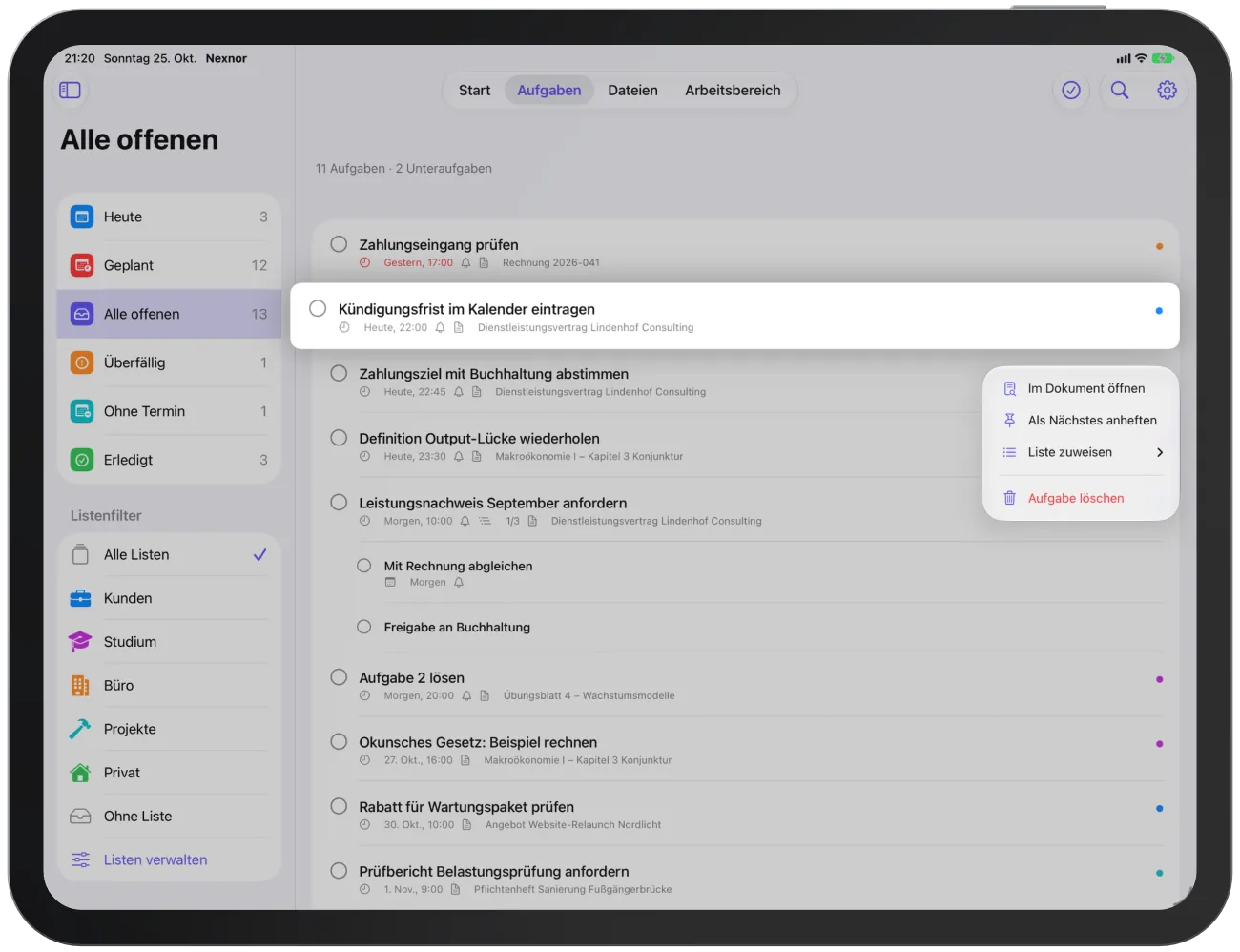 Das Kontextmenü mit „Im Dokument öffnen“, „Als Nächstes anheften“ und „Liste zuweisen“.