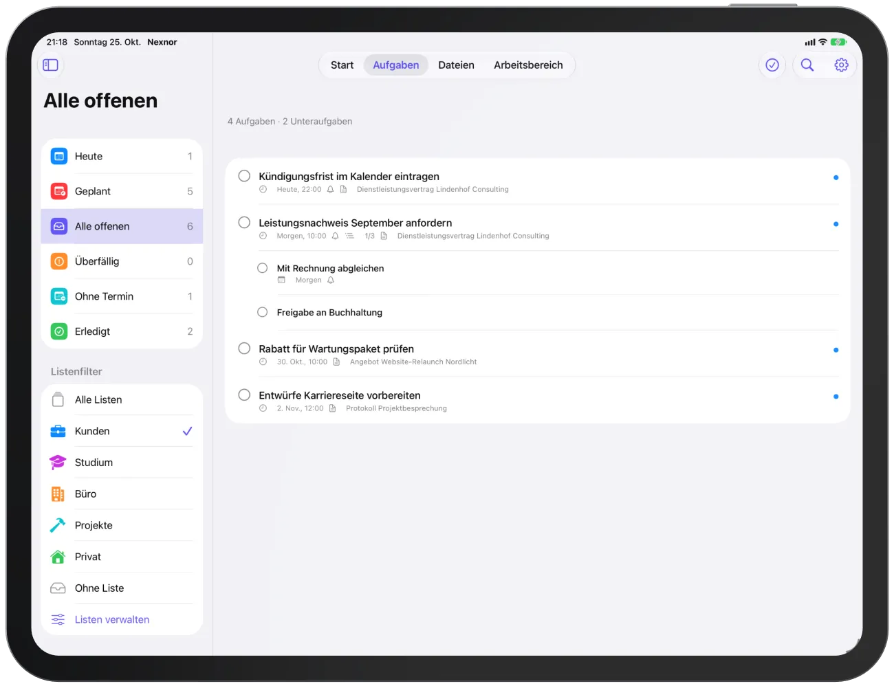 Listenfilter „Kunden“: Liste und Zahlen zeigen nur noch Aufgaben dieser Liste.