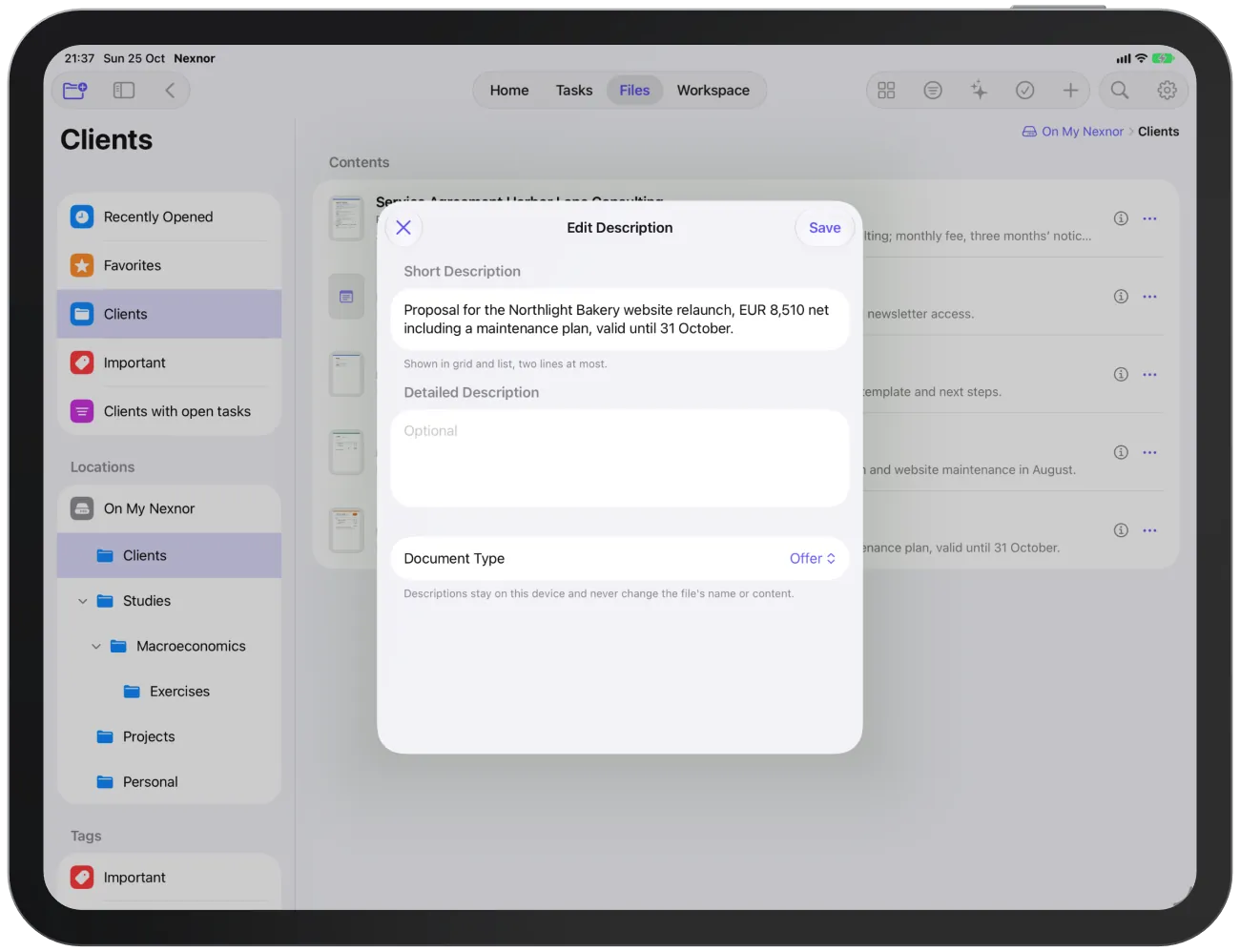 The “Edit Description” editor with short description, detailed description and document type.