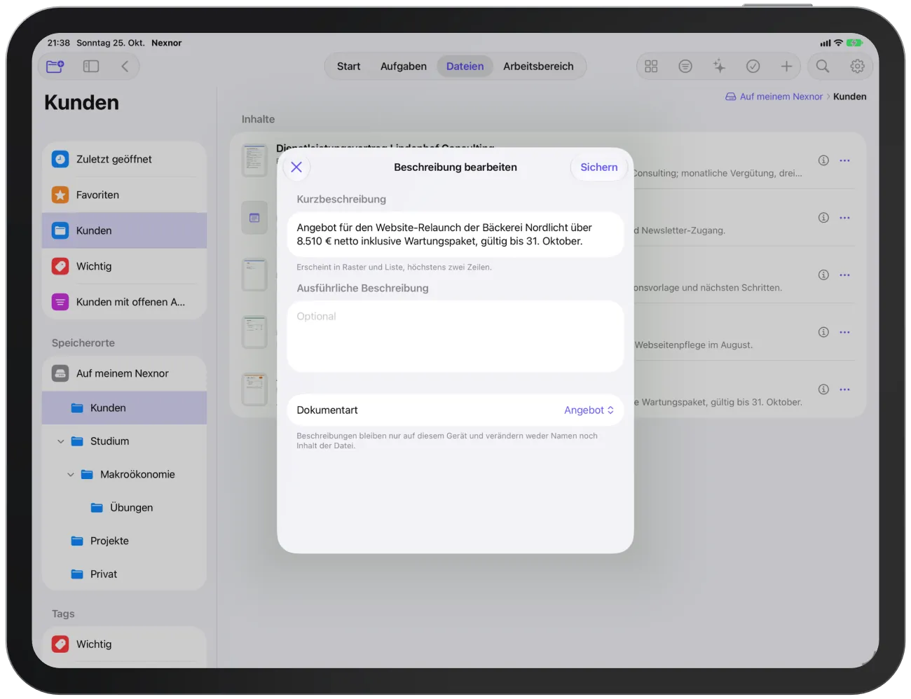 Der Editor „Beschreibung bearbeiten“ mit Kurzbeschreibung, ausführlicher Beschreibung und Dokumentart.