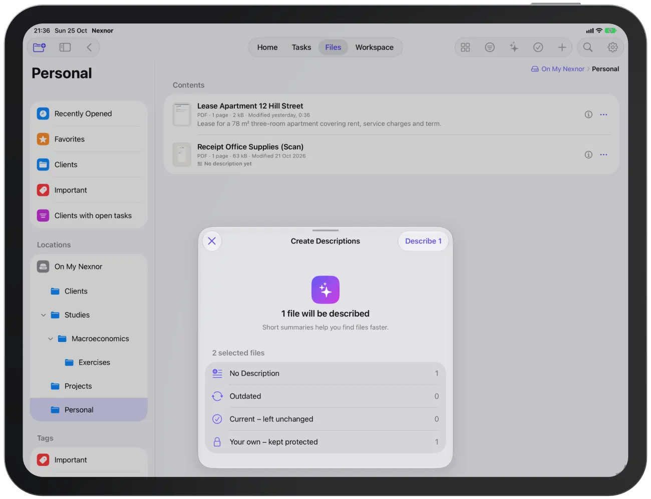 The “Create Descriptions” sheet showing which files will be described.