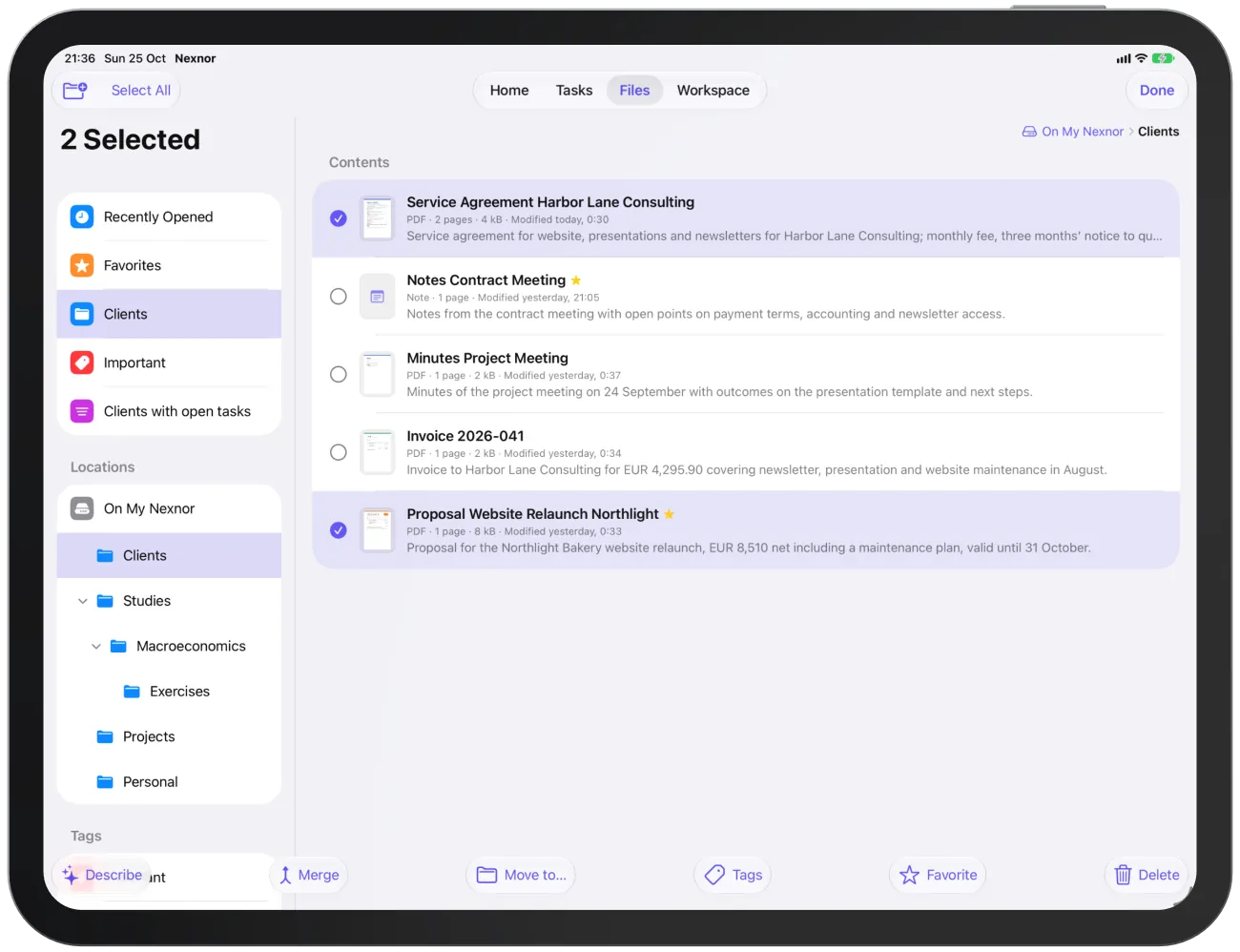 The selection with several files checked and the action bar at the bottom.